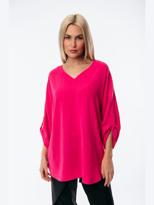 Boutique Women's Summer Blouse with 3/4 Sleeve & V Neck Fuchsia
