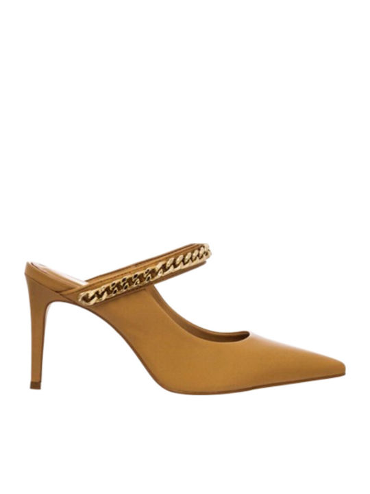 Mestico Leather Mules with Thin High Heel in Beige Color