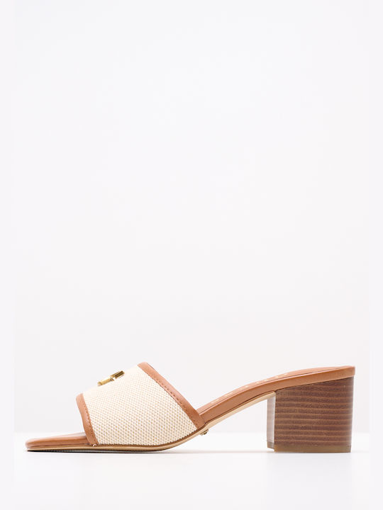 Guess Chunky Heel Leather Mules Tabac Brown