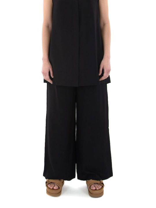 MY T Women's High Waist Fabric Trousers with Elastic in Wide Line Black