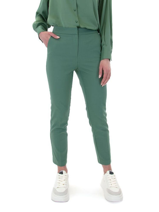 MY T Women's High-waisted Cotton Capri Trousers in Slim Fit Green