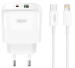 XO Charger with USB-A Port and USB-C Port and Cable USB-C - Lightning 20W Power Delivery Whites (L137)