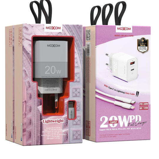 Moxom Charger with USB-A Port and USB-C Port and Cable USB-C - Lightning 20W Whites (MX-HC134PD)