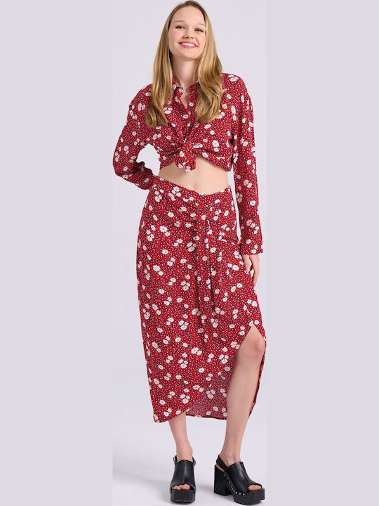Funky Buddha Midi Φούστα Φάκελος Floral Κόκκινη