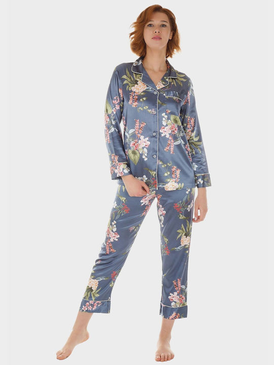 Pijama de satin pentru femei Set de pijamale cu imprimeu floral nasturi nasturi butonate Checker Grey