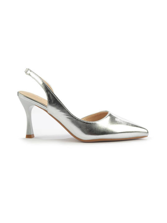 Fshoes Synthetic Leather Pointed Toe Silver Heels