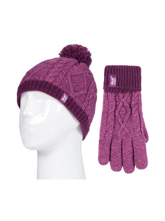 Heat Holders Kids Beanie Set with Gloves Knitted Burgundy