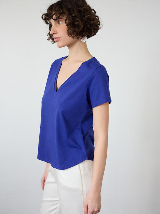 Bill Cost Women's Blouse Cotton Short Sleeve with V Neck Blue