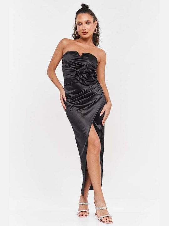 Decoro Midi Βραδινό Φόρεμα Strapless Σατέν με Σκίσιμο Μαυρο