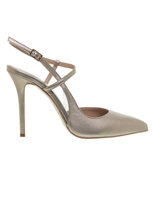 Mourtzi Leather Beige High Heels with Strap Slingback