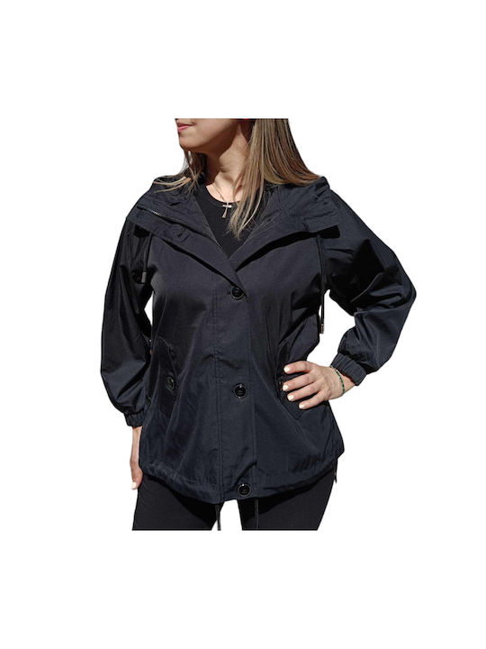 Honey Winter Women's Long Lifestyle Jacket for Spring or Autumn with Hood Black