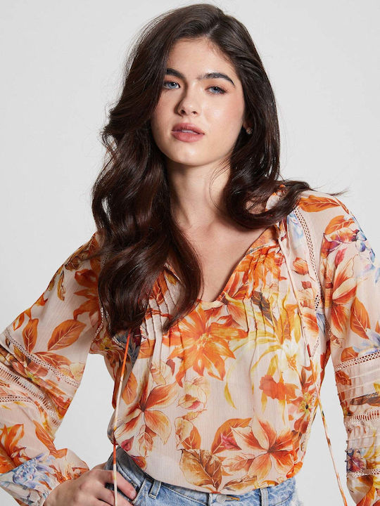 Guess Γυναικεία Μπλούζα με V Λαιμόκοψη Floral Πορτοκαλί