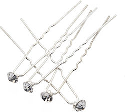 Metallic Silver Hairpin with Round Small Stone