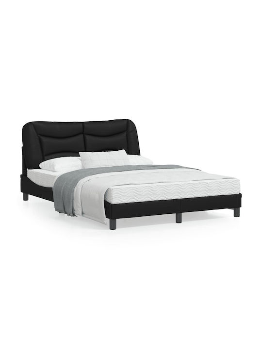 Double Leather Upholstered Bed Black with Slats for Mattress 140x190cm