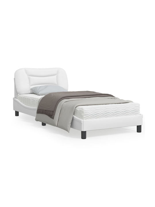 Κρεβάτι Μονό Επενδυμένο με Δερματίνη Λευκό με Τάβλες για Στρώμα 90x190cm