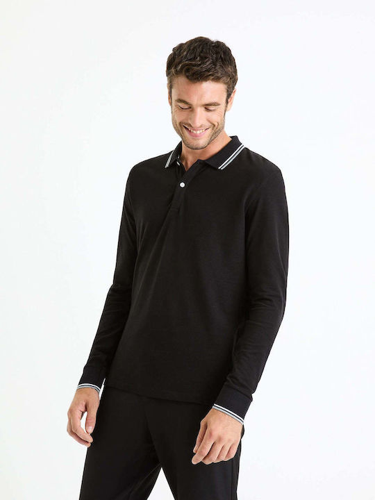 Celio Men's Long Sleeve Blouse Polo Black