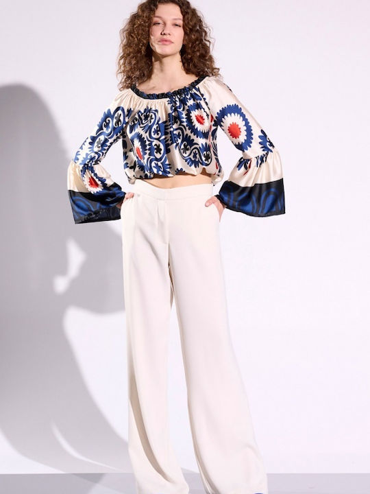 Matis Fashion Bluza de Damă de Satin Floral Ecru