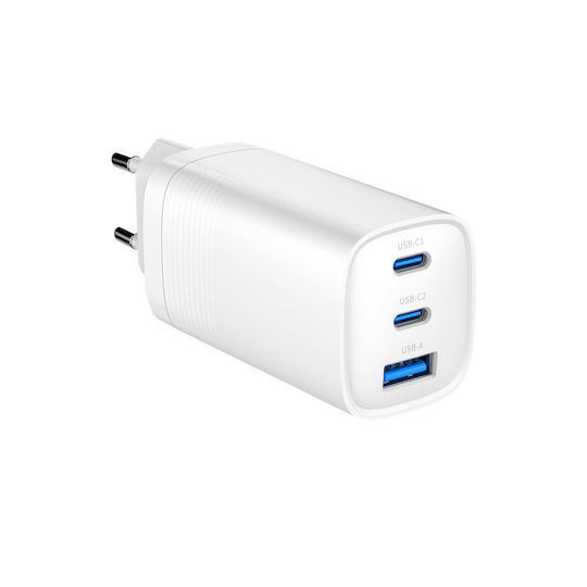 Gembird Wireless Charger GaN With USB-A Port And 2 USB-C Ports 65W Power Delivery Quick Charge 3.0 White (TA-UC-PDQC65-01-W)