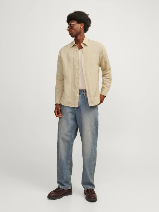 Jack & Jones Herrenhemd Langärmelig Leinen Beige