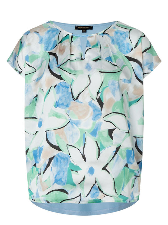 MORE & MORE Damen Bluse Satin Blumen Hellblau