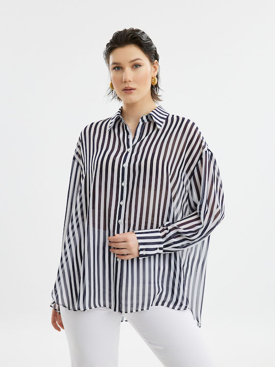 Mat Fashion Women's Striped Long Sleeve Shirt Blue