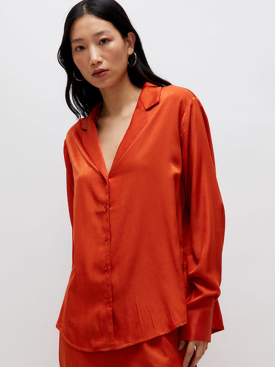 Wild Pony Women's Satin Long Sleeve Shirt Orange