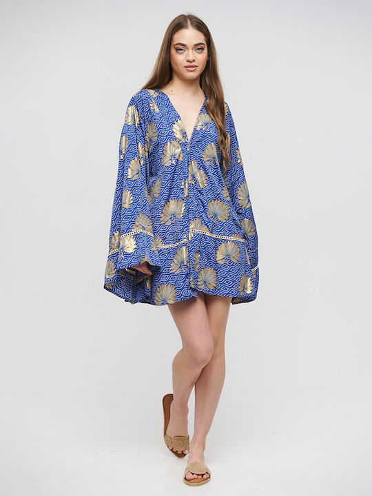 Ble Kimono Account Blue With Gold Flowers One Size(100% Crepe)cm 5-41-348-0879