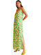 Harmony Women's Viscose Dress with Straps and Ruched Maxi Green Leaves (33-506632-type) Green