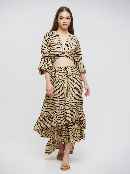 Ble Skirt Long Asymmetrical With Bolan Beige-Black ''zebra'' With Silver/Gold Details M/l (100% Crepe)cm 5-41-348-0796