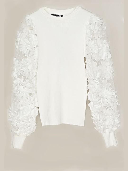 Knitted Blouse With Sleeves Made of Embroidered Tulle White
