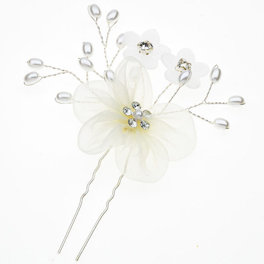Metallic silver hairpiece with large fabric flower, pearls and Swarovski
