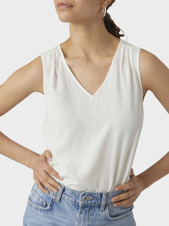 Vero Moda Bluza de Damă Fără mâneci cu Decolteu în V White