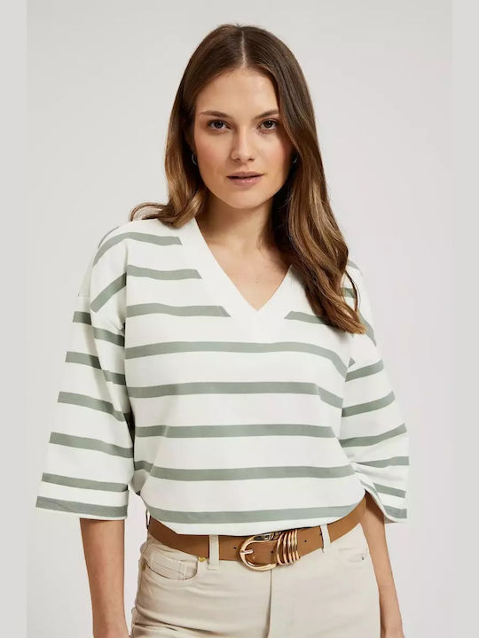 Make your image Women's Blouse Cotton with 3/4 Sleeve & V Neckline Striped Ladi