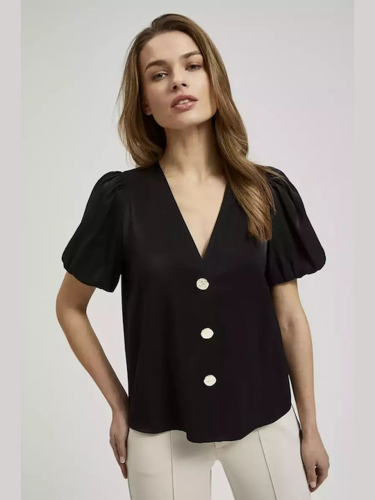 Make your image Women's Blouse Short Sleeve with V Neckline Black