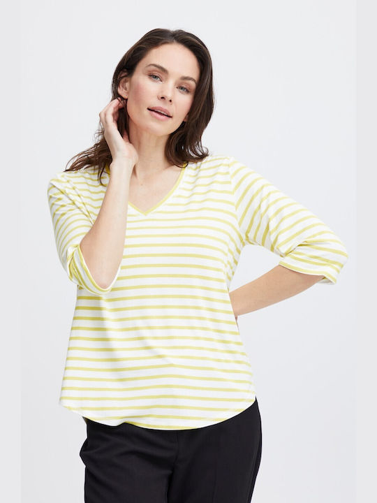 Fransa Women's Blouse with 3/4 Sleeve & V Neck Striped Yellow