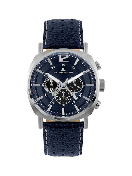 Jacques Lemans Lugano Uhr Chronograph Batterie mit Blau Lederarmband