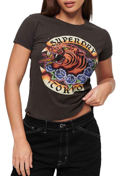 Superdry Rhinestone Fitted Damen T-shirt Schwarz