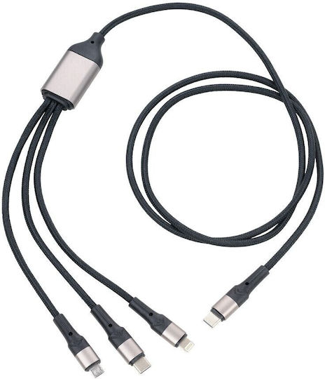 Troika Regular USB to Lightning / Type-C / micro USB Cable Μαύρο 1.2m