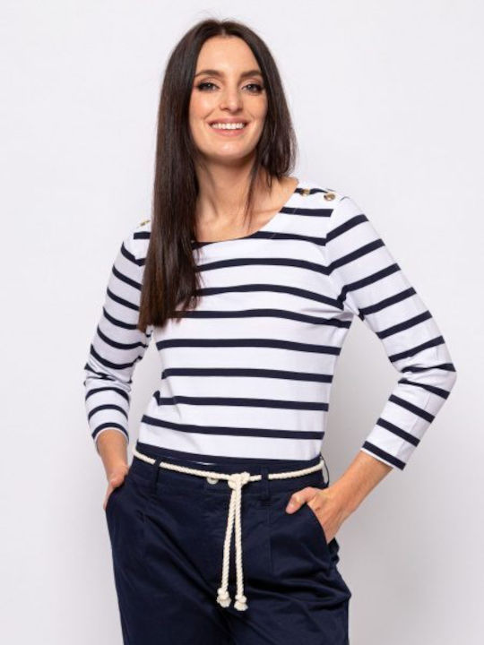 Heavy Tools Women's Blouse Cotton Long Sleeve Striped Navy