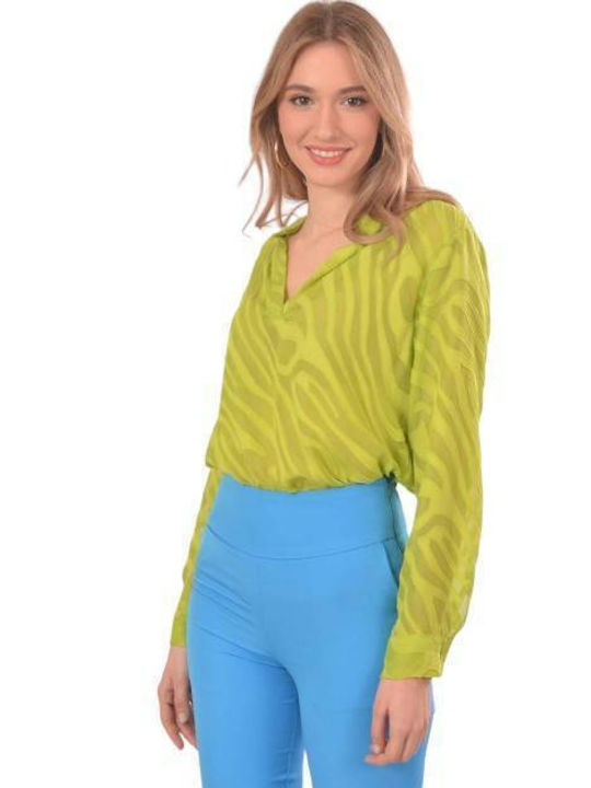 Tweet With Love Women's Blouse Long Sleeve with V Neckline Lime