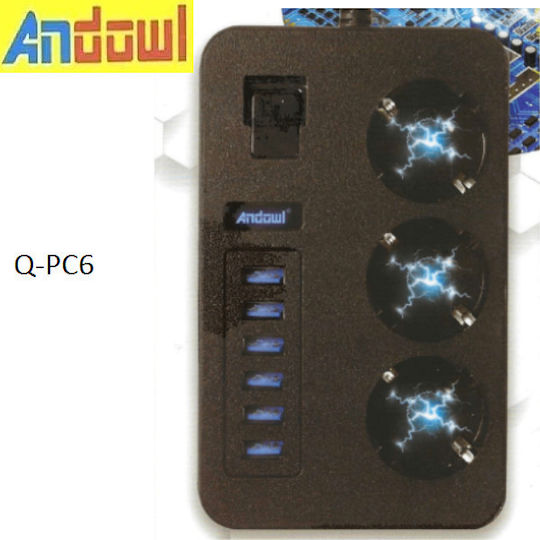 Andowl Power Strip with Surge Protection 3 Positions with 6 USB-A, Switch and Cable 2m