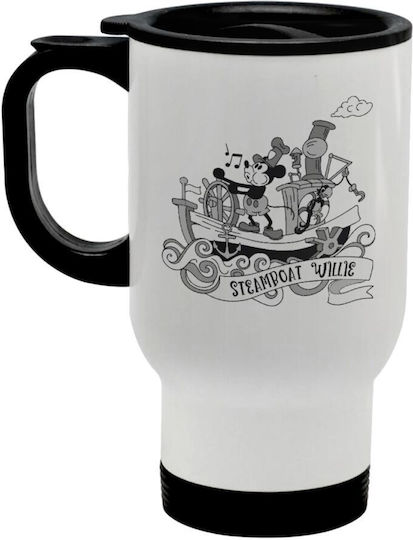 Mickey Steamboat Travel Mug Stainless Steel Lid Double Wall Mug Warm White 450ml