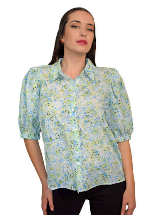 Morena Spain Women's Floral Short Sleeve Shirt Light Blue