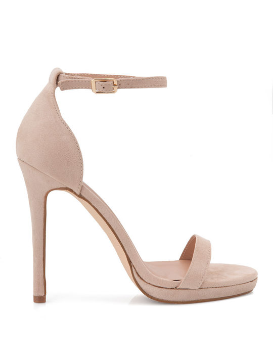 Bozikis Platform Suede Women's Sandals Pink with Thin High Heel