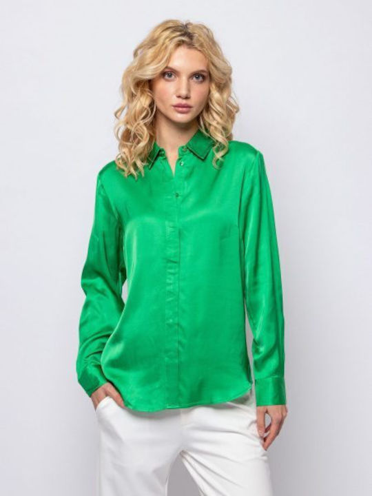 Heavy Tools Women's Satin Long Sleeve Shirt Green