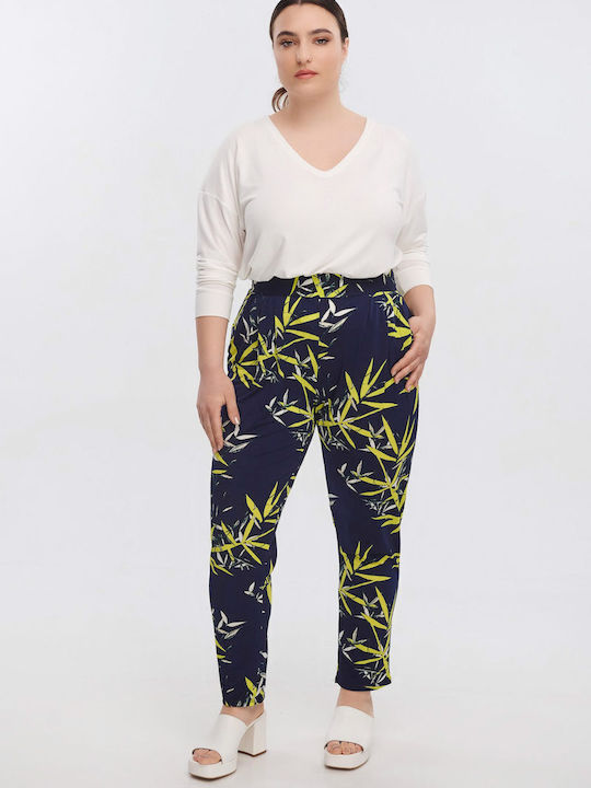 Women's Fabric Trousers with Elastic Tapered Line Floral Floral
