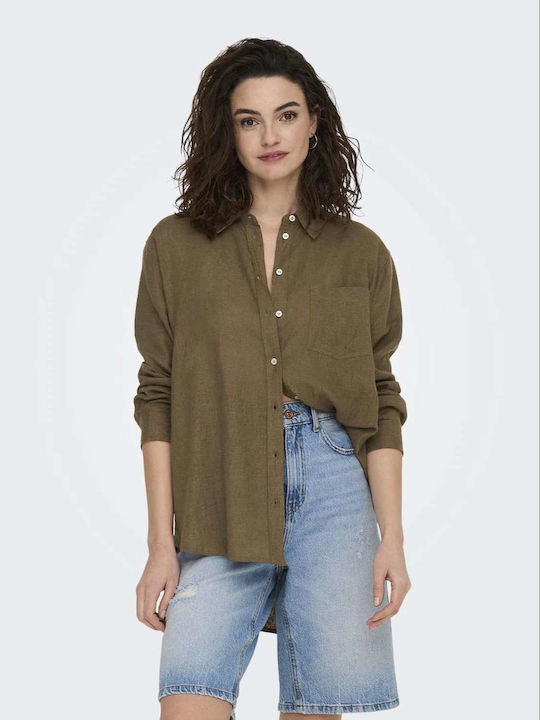 Only Women's Linen Long Sleeve Shirt olive oil