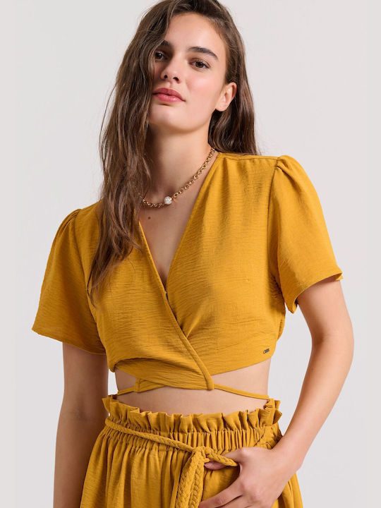 Funky Buddha Women's Crop Top with V Neckline Gold