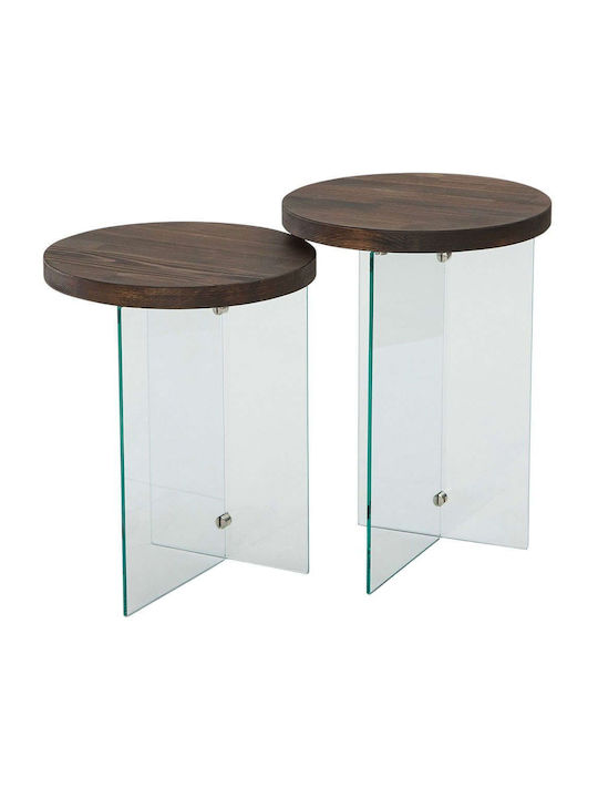 Round Side Table Serenity Glass Clear-walnut 2pcs L35xW35xH51cm