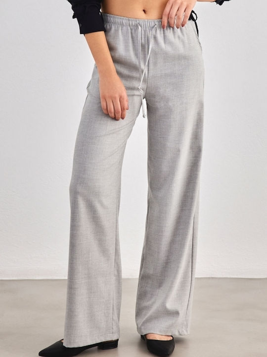 Bisou Women's High Waist Linen Trousers with Elastic Gray